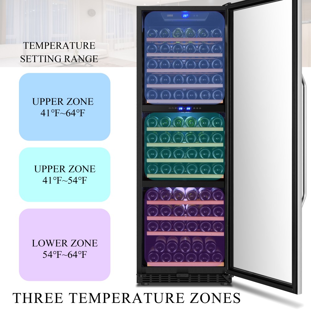 LANBO Wine Cellar Fridge, 149 Bottle Triple Zone Compressor Red Wine Cooler Refrigerator, Built